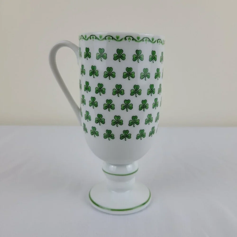 Vintage Irish Coffee Mug Footed Pedestal Green lucky Clover Shamrock 1345, Japan